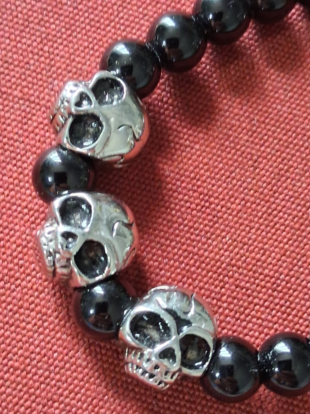 Gothic Unisex Onyx Beaded Bracelet Silver Skull Men's Signed HAN SS Biker
